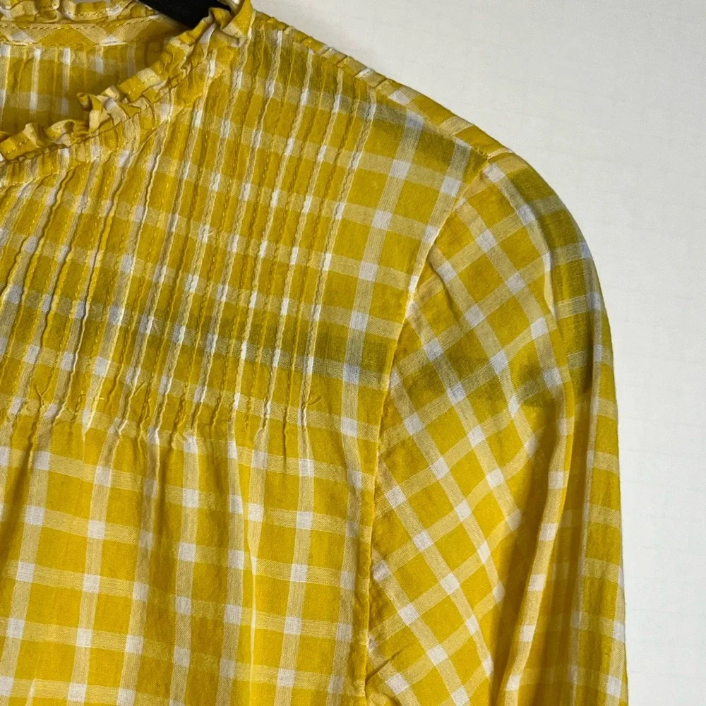 J. Crew Women’s Size 6 Yellow Gingham Ruffled Neckline Pleated Bib Cotton Top
